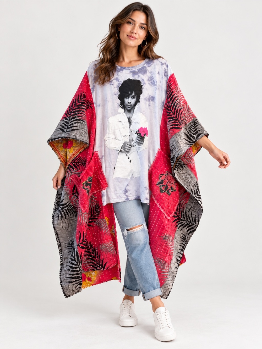 Prince Graphic Kantha Kimono Oversized Patchwork Blanket Jacket Pockets